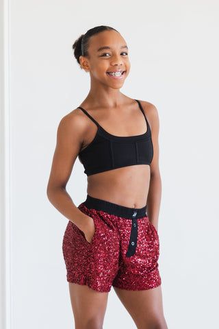 SHIMMER CHILD SEQUIN SHORT- RUBY SEQUIN RED