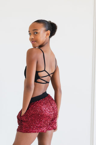 SHIMMER CHILD SEQUIN SHORT- RUBY SEQUIN RED