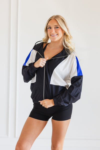 COLOR BLOCK ADULT ZIP UP JACKET- ROYAL/BLACK/WHITE – LA Dance Designs