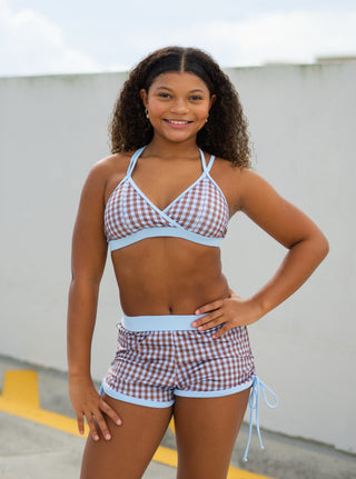 ELLIE CHILD TOP- GINGHAM BLUE/BROWN